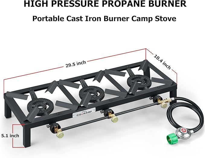 COOKAMP Propane Triple Burner Angle Iron Camp Stove with CSA Listed Regulator and 4ft Hose (SA3200)