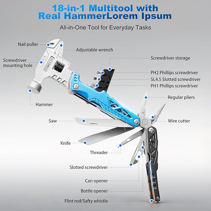 18-in-1 Multitool with Hammer & Adjustable Wrench, Heavy-Duty Stainless Steel Folding Multi Tool Pliers for Camping, Survival & Emergency, Practical Gifts for Men & Dad (Blue)