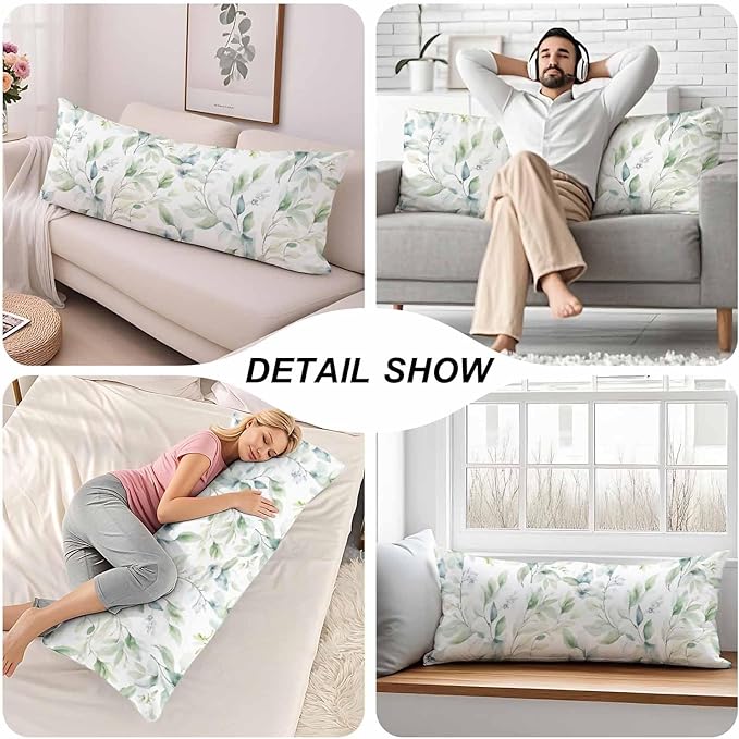 Green Leaf Decorative Home Pillow Covers, Watercolor Floral Eucalyptus Leaves Long Body Pillow Cover Sleeper Cushion Cover Body Pillowcase for Man Woman Sofa Patio Shop 20x54 Inch