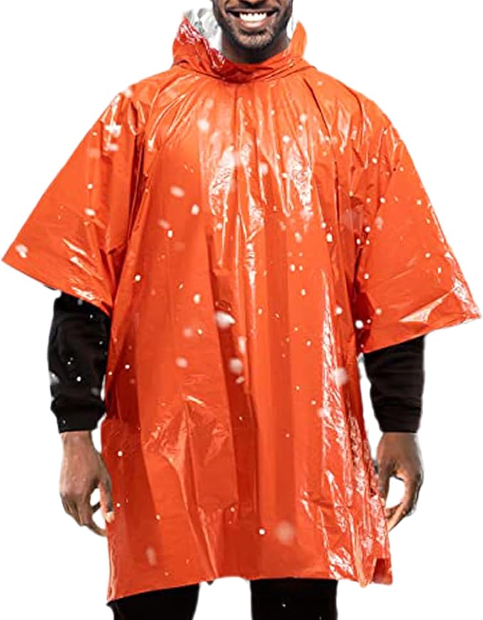 Emergency Poncho with Mylar Blanket Liner for Survival Gear, Waterproof, Wind-Resistant Green Rain Poncho for Outdoors, Camping, and Car Emergency Kits - Thermal Poncho - 4 Pack (Orange)