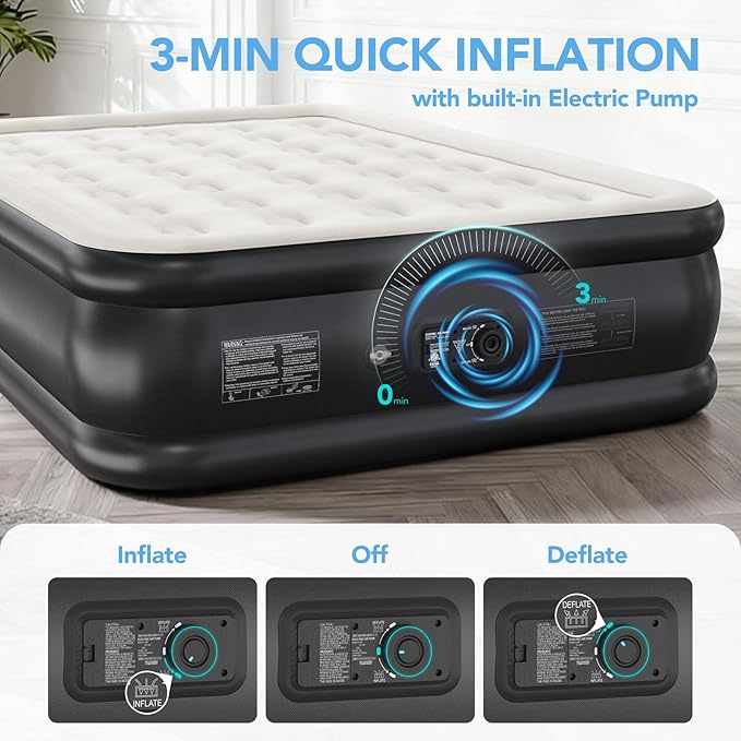 Full Air Mattress with Built-in Pump, 18” High Inflatable Mattress with Storage Bag, 3 Mins Easy Inflation/Deflation Blow up Mattress, Flocked Top Inflatable Bed for Camping, Guests & Adults