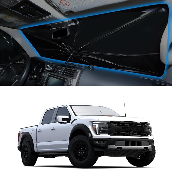 Windshield Sun Shade Umbrella Compatible with 2021-2024 2025 2026 Ford F150 F-150 (Lariat, King Ranch, Platinum, XL XLT Limited Raptor) Accessories Sunshade Shield Protector