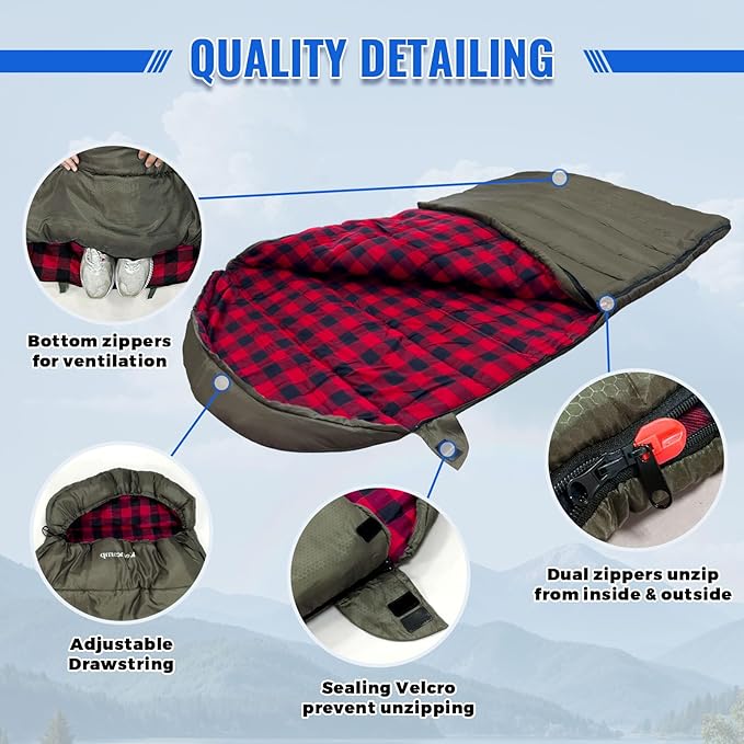 Keencamp 0 Degree Sleeping Bag Cotton Flannel Winter Cold Weather for Adults XXL Sleeping Bag 4 Season Big and Tall with Pillow Compression Sack