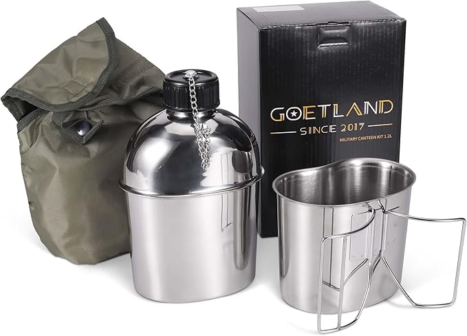 Goetland Stainless Steel WWII US Army Canteen Water Bottle Military Canteen Kit 1.3QT with 0.6QT Cup Nylon Pouch G.I.