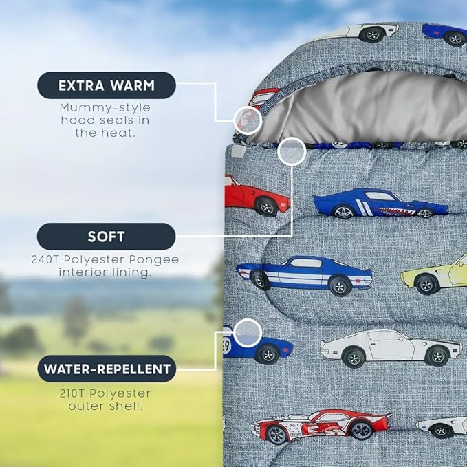 Wake In Cloud - Kids Sleeping Bag for Boys Toddlers, Camping in Warm Cold Weather, Backpacking Lightweight Compact Outdoor Liner for 3 Seasons, Race Cars Vehicles