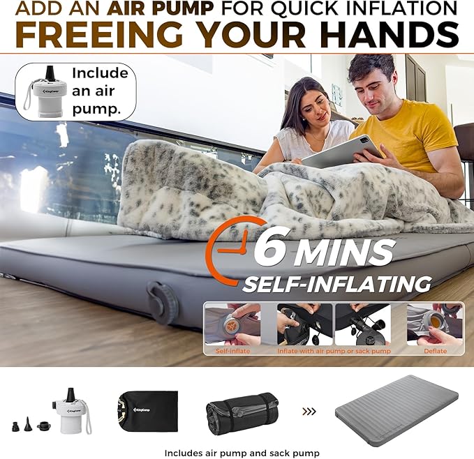 KingCamp Premium Double Self Inflating Sleeping Pad with Air Pump, 7.5 R-Value Air & Foam Camping Mattress 2 Person, 3" Thick Full Size Double Insulated Sleeping Pad for Car Camp Tent, PVC Free, Grey