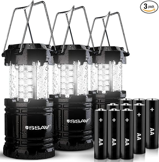 3 Pack LED Camping Lantern, LED Lanterns, Suitable Survival Kits for Hurricane, Emergency Light for Storm, Outages, Outdoor Portable Lanterns, Black, Collapsible | Batteries Included