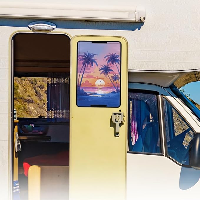 RV Door Window Shade Cover,Coconut Tree Sunset Camper Sunshade Privacy Screen Window Cover, Travel Trailer Motorhome Sun Shade Accessories