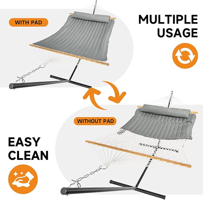 Everyfun 2 Person Outdoor Hammock with Stand, Cotton Rope Hammock with Polyester Pad, Adjustable Steel Frame, Portable with Carrying Bag – for Patio, Backyard, Garden, Beach,Dark-Gray