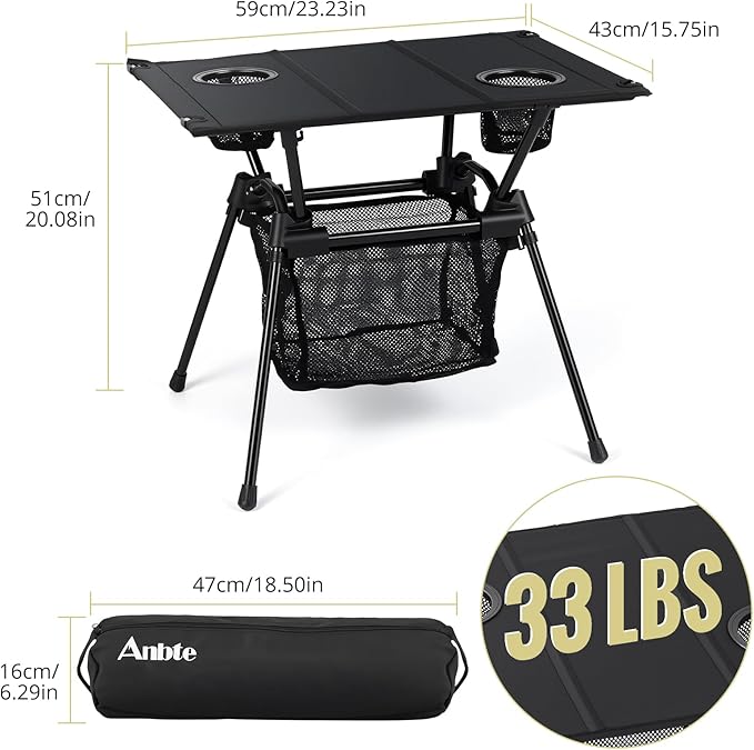 Anbte Ultralight Portable Camping Table, 3.2lb Folding Camping Table with Cup Holders & Storage Net, 20in Height for Camping Hiking Tailgating Beach Picnic Travel Patio, 23" x 16", Black