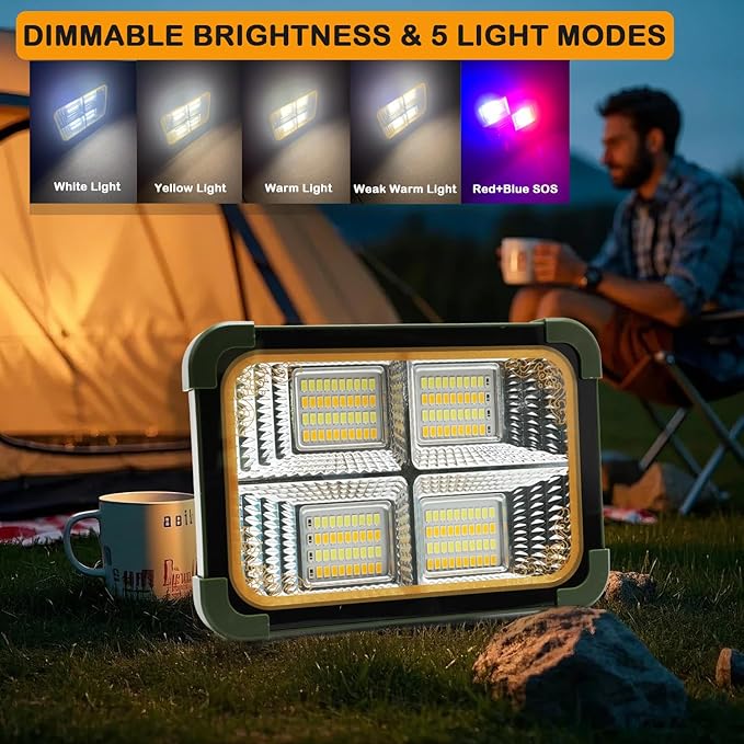 Solar Camping Lantern 200w Rechargeable Outdoor Light Travel Essentials with 6000mAh Emergency 5 Modes Portable LED Work Light Gifts for Camping Hurricane Survival