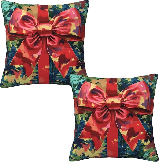 Christmas Bow Art Theme Throw Pillow Covers 18x18 inch Set of 2 Pillow Case Cushion Cover for Home Sofa Couch Living Room Car Decor