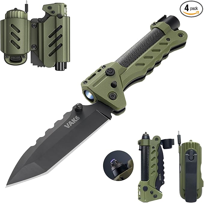 VIPERADE VAK6 Survival Multitool with Folding Knife, LED Flashlight, Pulse Ignition and Hand Crank Generator, Camping Multitool Knife Rechargeable Flashlight with Belt Sheath