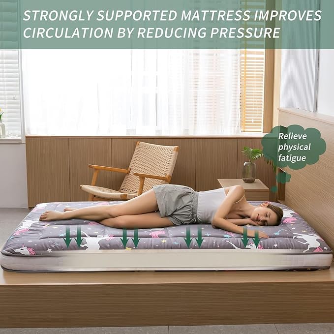 MAXYOYO Futon Mattress, Unicorn Pattern Japanese Floor Mattress Quilted Bed Mattress Topper, Extra Thick Folding Sleeping Pad Breathable Floor Lounger Guest Bed for Camping, Grey, Twin