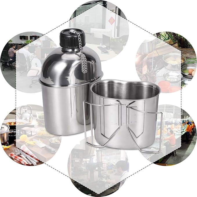 Goetland Stainless Steel WWII US Army Canteen Water Bottle Military Canteen Kit 1.3QT with 0.6QT Cup Nylon Pouch G.I.