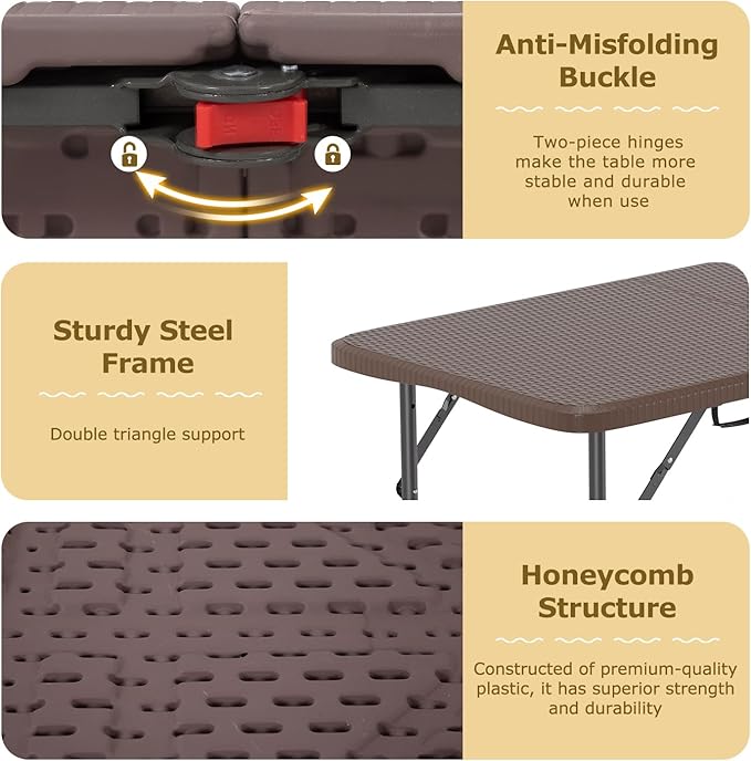 FDW 4FT Folding Table Half Portable Foldable Table Picnic Table for Office Home Camping Party (Brown Ratten)
