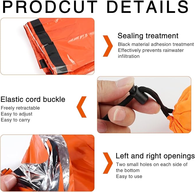 Emergency Sleeping Bags for Survival with Carabiner, 84"X36" Outdoor PE Orange Emergency Sleeping Bag, Ideal for Sudden Snowstorm During Camping, Providing Warmth to Survivors in Disaster Area
