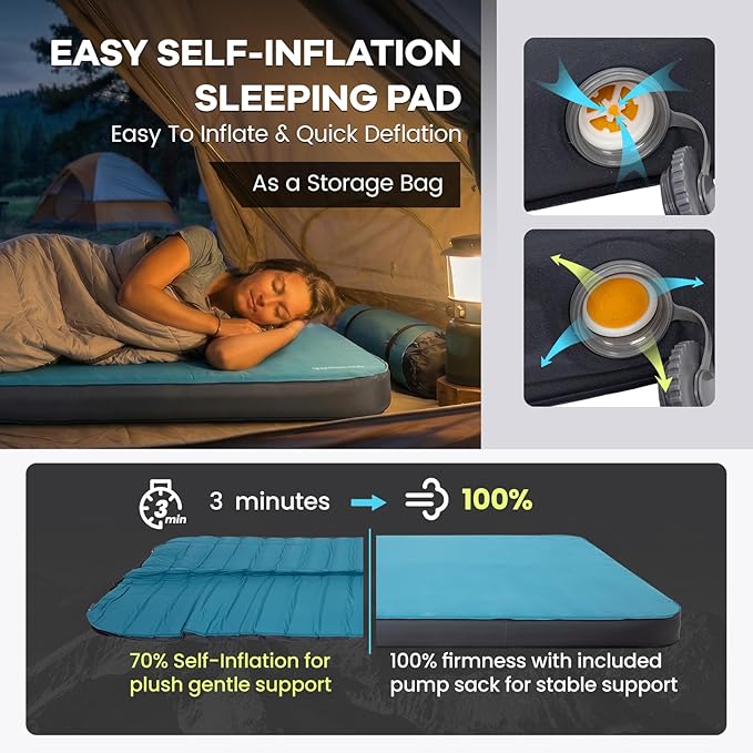 FUNDANGO 4'' Thick Self Inflating Sleeping Pad with Foam, 8.7 R Value, XL Double Mattress, Outdoor Portable Camping Air Mat for Tent, Car or Home