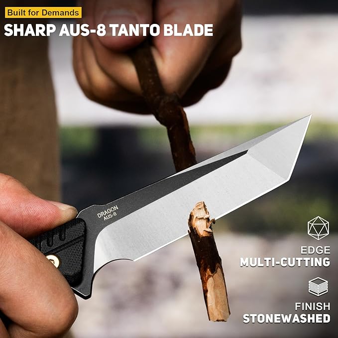 NedFoss EDC Fixed Blade Knife with Sheath, 3.7" AUS-8 Steel Tanto Blade Tactical Knife with G10 Handle, Camping Fixed Blade Small EDC Knives for Hunting, Survival