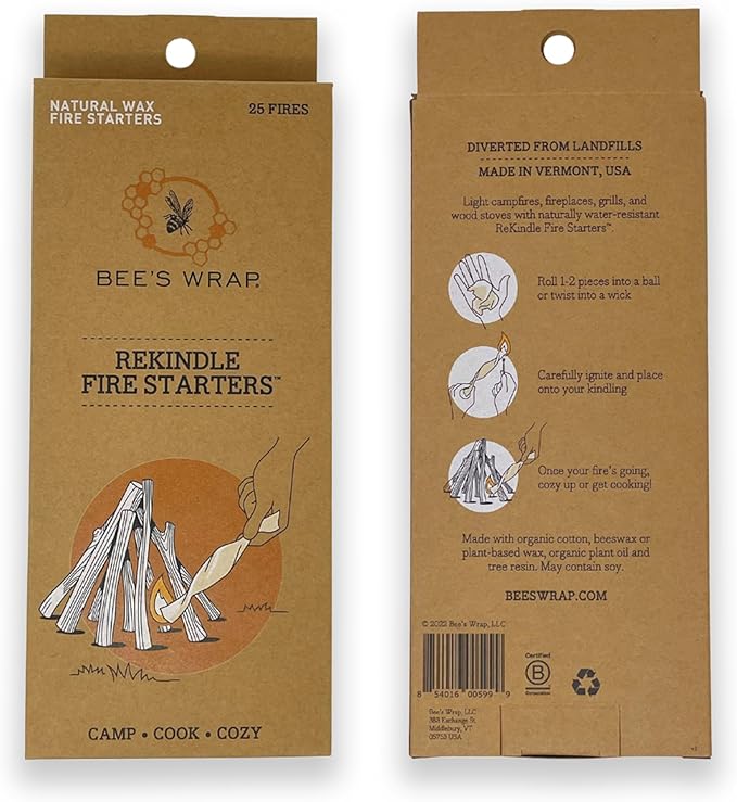 Bee's Wrap ReKindle Natural Fire Starters - 25 Fires - Made in USA Fire Starter from Organic Beeswax Wraps for Food - Safe for Indoor/Outdoor Use