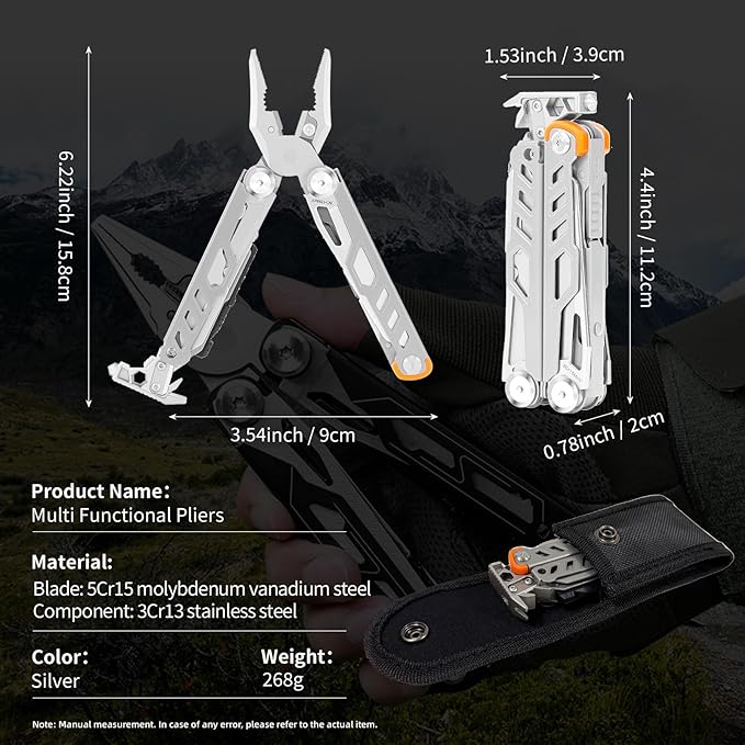 23-in-1 Multitool Pliers with Scissors,Window Breaker, Saw, Screwdrivers,Rope Cutters,Flint, High-carbon Steel Multi Tool with Carrying Pouch Ideal for Camping Survival and Gift for Him Dad Men