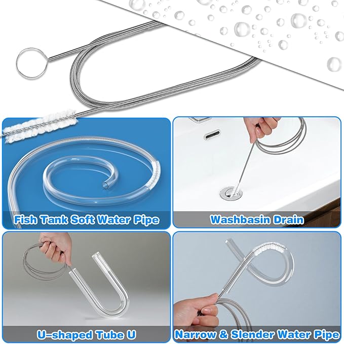 Ixiaoyoo Cleaning Brushes Set, 10 Pieces 8 Inch Nylon Tube Brush + 60 Inch Flexible Long Drain Brush, Hose Pipe Brush, Suitable for Home Kitchen, Bathroom, Fish Tank, Water Pump Accessories (White)