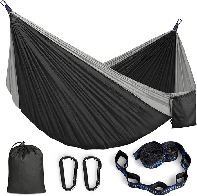 MOSFiATA Camping Hammock, Heavy Duty up to 700lbs with 2 Tree Straps and Attached Carry Bag Portable Outdoor Hammock for Backpacking Hiking Travel,Beach（Black Grey