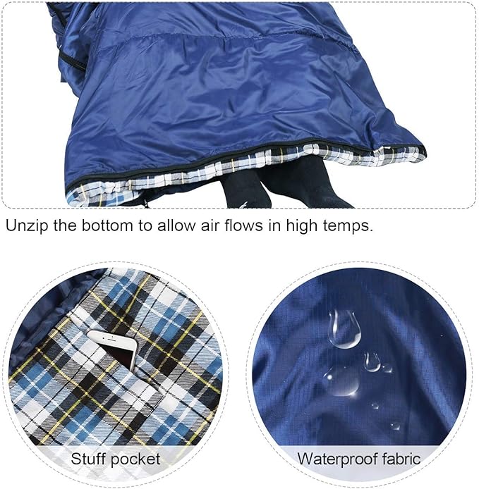 REDCAMP Flannel Sleeping Bag for Adults, Comfortable Cotton Sleeping Bags for Camping with Detachable Hood, Red/Grey/Blue/Black