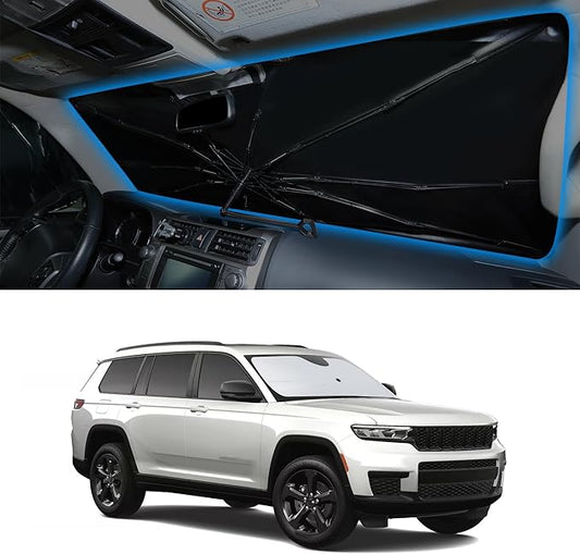 Windshield Sun Shade Umbrella Custom Fit 2021-2024 2025 Jeep Grand Cherokee L/Jeep Grand Cherokee SUV Accessories Front Window Sunshade Sun Visor Protector Blocks Rays