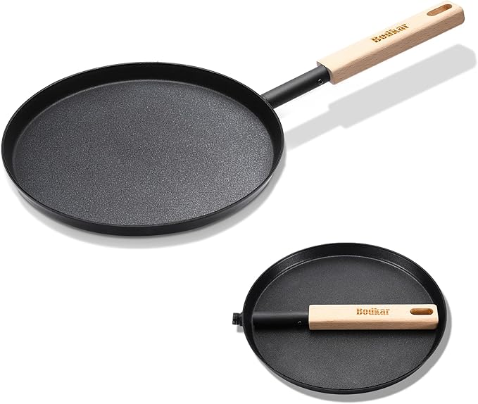 bodkar Frying Pan Skillet 8-inch Flat Griddle Pan, Lightweight Small Grill Pan with Wooden Handle for Camping Indoor Outdoor Cooking