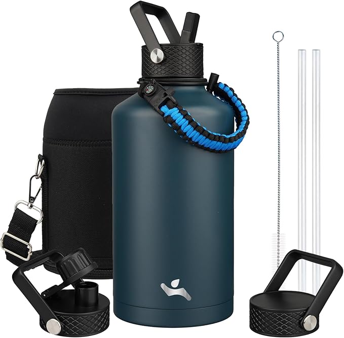 Konokyo Insulated Water Bottle with Straw,87 oz 3 Lids Water Jug with Carrying Bag,Paracord Handle,Double Wall Vacuum Stainless Steel Metal Flask,Navy Blue