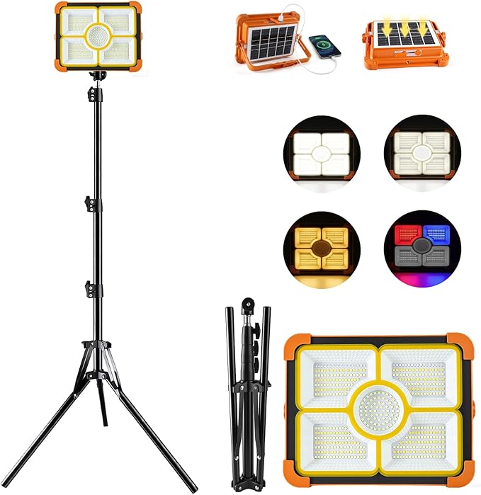 Rechargeable Camping Light with Tripod Stand, 12000mAh Solar Work Light Portable, Cordless LED Job Light 12000LM with 5 Mode, Waterproof Camping Essentials Gear Car Repair Emergency Lighting with Hook