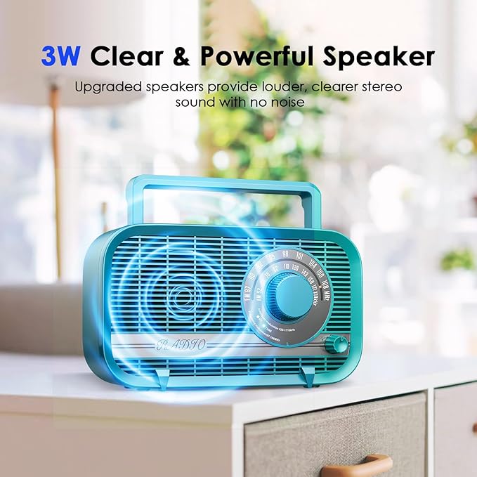 Portable AM FM Radio with Bluetooth, Plug in Wall and Play, or AA Battery Operated Radios, Best Reception Vintage Retro Radio Built in Clear Speaker Headphone/AUX in Jack Turquoise