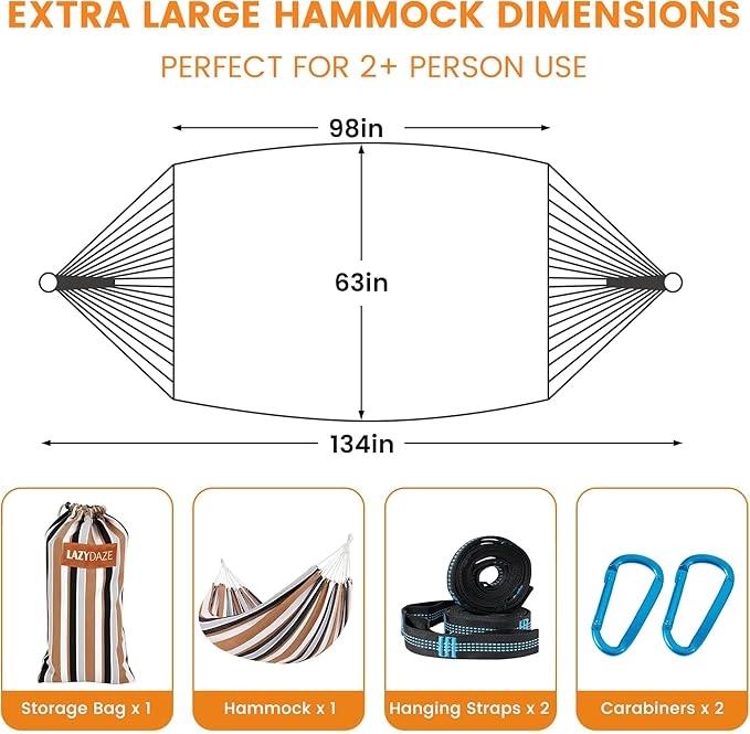 Lazy Daze Hammocks Double Brazilian Cotton Hammock, Extra Large Portable Outdoor Camping Hammock with Tree Straps & Travel Bag for Backyard Patio Poolside Indoor, 550lbs Capacity, Brown & White