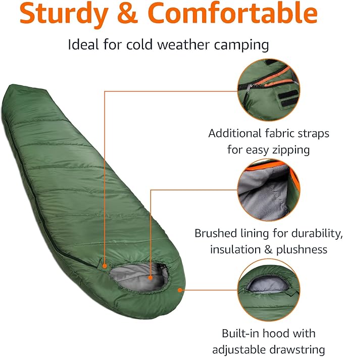 Amazon Basics 20°F Cold Weather Mummy Sleeping Bag for Hiking, Outdoor Camping with No-Snag Zipper, Portable, 82" x 33", Olive Green