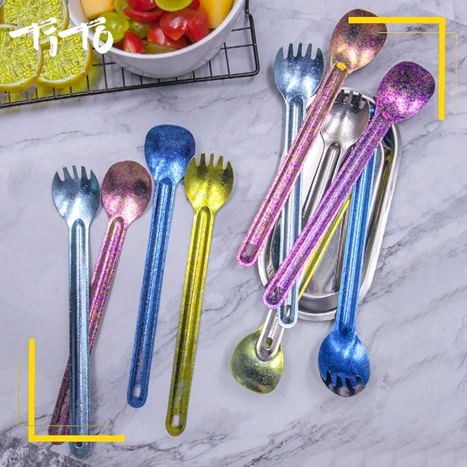 TiTo Titanium Long Handle Spork and Spoon Eco-Friendly Ultralight Portabale Flatware for Outdoor Camping Backpacking Hiking Travel Picnic Tableware with Bag (Bright Blue Spork)