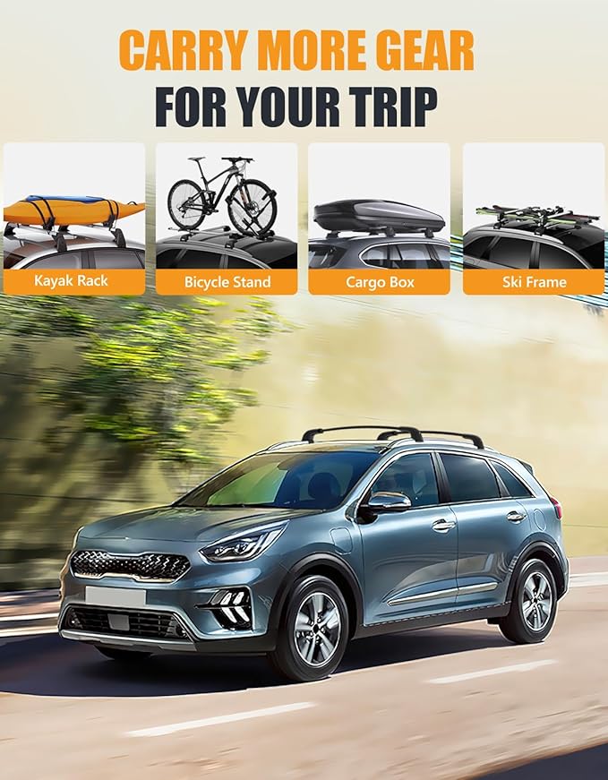 KINGGERI 300lbs Lockable Roof Rack Cross Bars Compatible with Kia NIRO 2017 2018 2019 2020 2021 2022 with Flush Side Rails, Heavy Duty Aluminum Roof Rails Crossbars Rooftop Cargo Carrier Luggage Black
