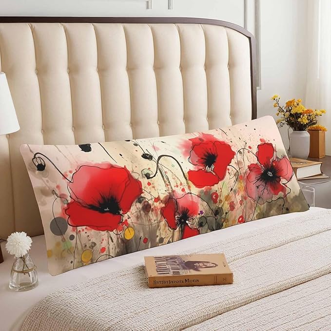 Red Poppy Decorative Body Pillowcase 20"X54", Watercolor Poppies Red Outdoor Body Pillow Covers Throw Pillow Cushion Covers Oversized Body Pillow Cases for Home Patio Office