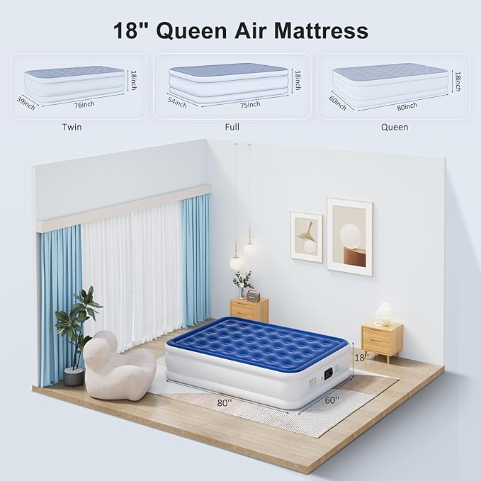 Queen Air Mattress with Built in Pump, 18" Raised Inflatable Mattress, Self Inflating Blow Up Bed, Comfort Portable Air Bed with Carry Bag for Camping, Home, Guests, Travel 690 lbs Max