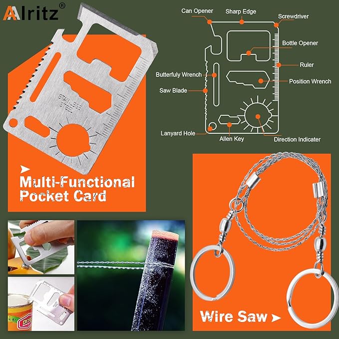 Alritz Emergency Survival Kit, for Men 12 in-1 Outdoor Survival Gear Lifesaving Tools Contains Compass, Fire Starter,for Camping Hiking Wilderness Adventures Disaster Preparedness