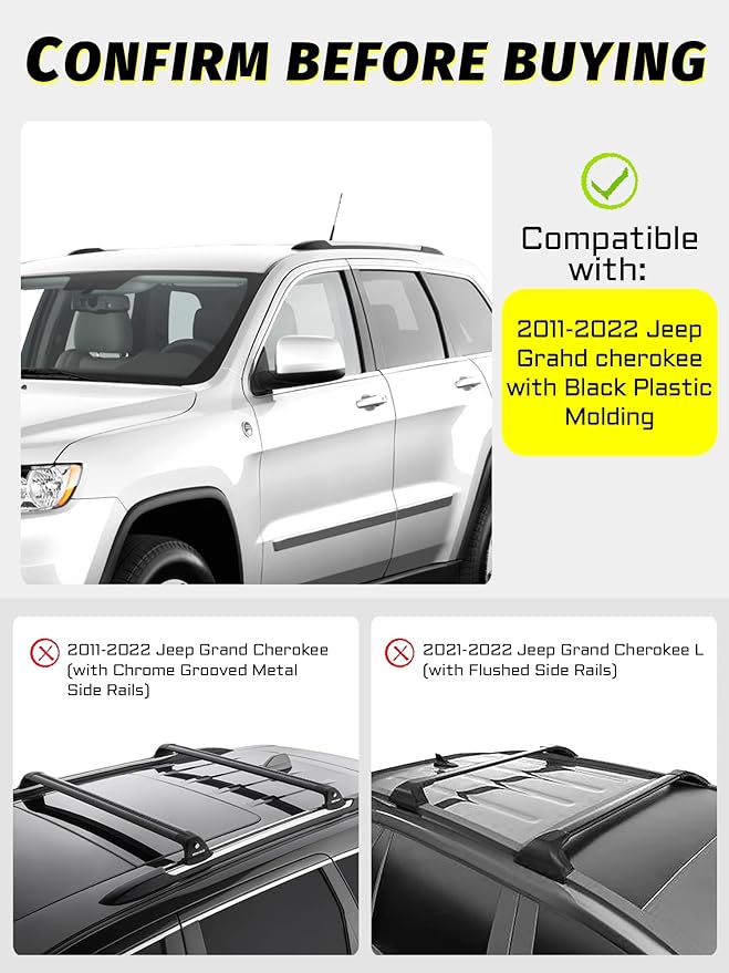 Roof Rack Cross Bars Compatible with Grand Cherokee Altitude & SRT & Trackhawk with Roof Black Moldings 2011-2021 with Anti-Theft Lock, Black Matte Aluminum Anti-Corrosion Crossbars