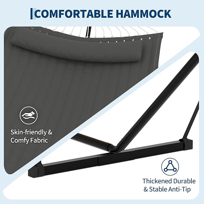 2 Person Double Hammock with Stand & Pillow, 450 LBS Heavy Duty Outdoor Hammock with Balance Rope for Patio Backyard Poolside