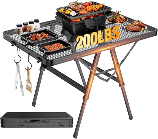Raynesys Foldable Grill Table with Mesh Desktop, 200lbs 3Ft Portable Folding Table, Height Adjustable Metal Table for Ourdoor, Camping, Picnic, BBQ and Beach, RV, 35.4" L x 23.6" W