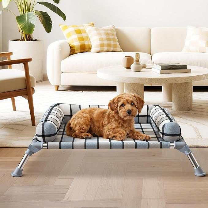 Elevated Pillow Bolster Dog Bed - Raised Dog Beds with Bolster Portable Lifted Washable Pet Cot Bed with Stainless Steel Frame Dogs Hammock Bed for Indoor & Outdoor (Bolster S)