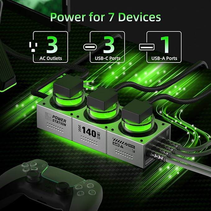 Mfish E-Tank 140W GaN Desktop Charging Station, 7-in-1 Charging Hub with 3 AC Outlets & 4 USB-C Ports (Up to 140W PD 3.1), RGB Desk Power Hub for Gaming Setup, Creator Workstation & Home Office