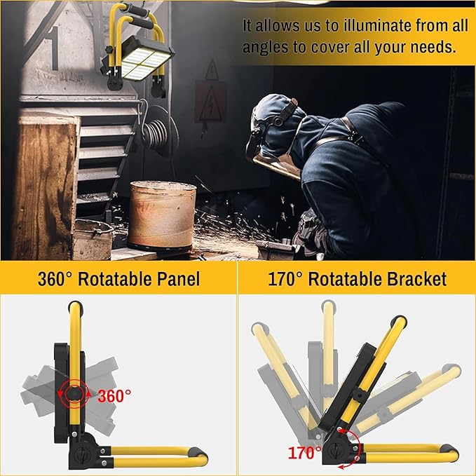 Solar Work Light Rechargeable Spotlight with Stand, MASMEJOR Rechargeable Worklight 12000mAh/ 10000LM/ 336 LEDs/ 4 Lighting Modes, LED Work Light for for Outdoor Camping, Yard, Garage, Hiking