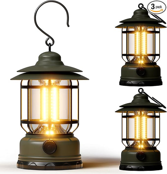 Portable LED Camping Lanterns,1500LM Step-less Dimming, Lightweight Retro Battery Powered USB Rechargeable Tent Lights,Survival Kits Flashlight for Power Outage Emergency Hiking Hurricane 3 Pack Green