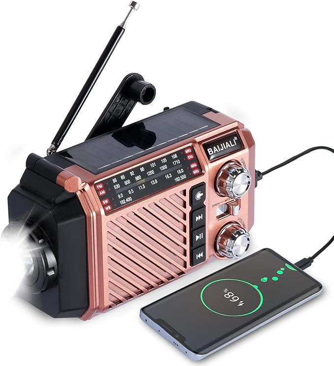 Hand Crank Emergency Weather Radio with 2600mAh/9620mWh Power Bank, NOAA AM FM Shortwave Portable Radio, Solar & USB-C Charging, Flashlight, SOS Alarm for Emergency Kits (Brown)
