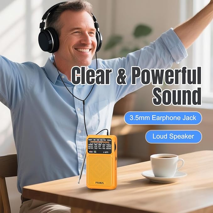 PRUNUS J-211 Portable Radio AM FM with USB Charging and AA Battery Operated, Transistor Radio, Strong Reception& Clear Speaker, Headphone Jack, Back Clip, Lanyard, Small radios Portable AM FM