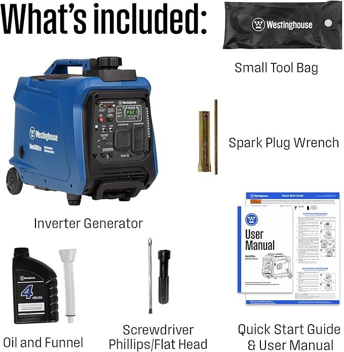 Westinghouse 4000 Peak Watt Super Quiet Portable Inverter Generator, Wheel & Handle Kit, RV Ready 30A Outlet, Gas Powered, CO Sensor, Parallel Capable